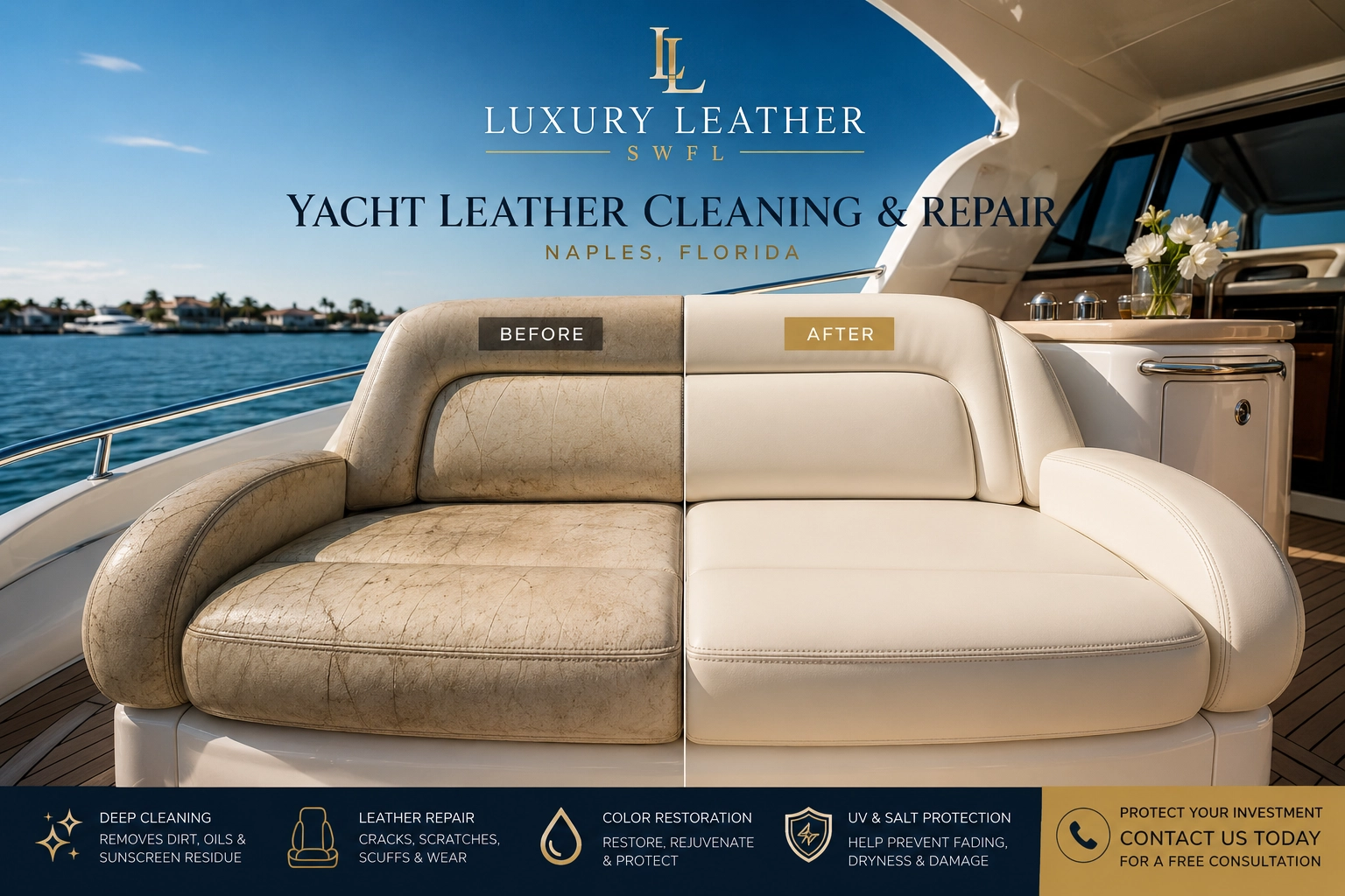 Luxury Yacht Leather Seat Cleaning & Repair in Naples, Florida