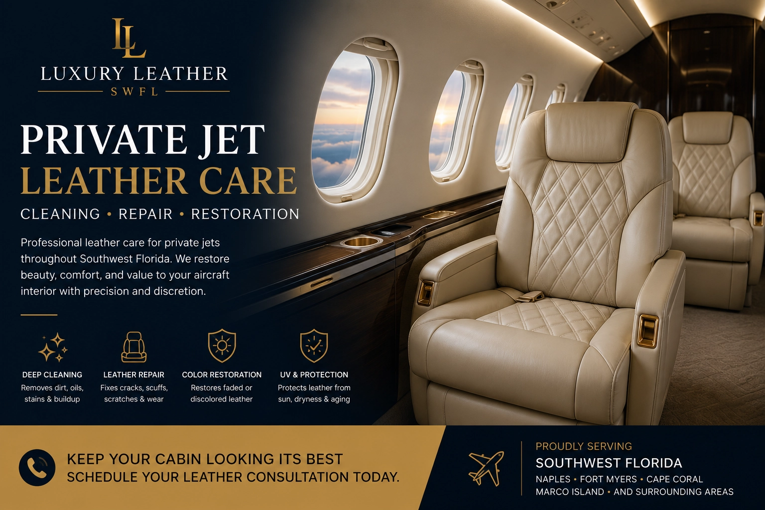 Private Jet Leather Seat Cleaning & Repair in Southwest Florida