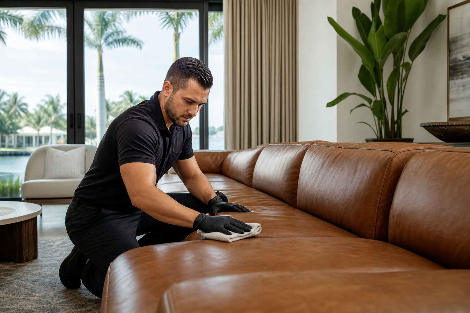 Professional leather technician cleaning a luxury leather sofa in a Southwest Florida home